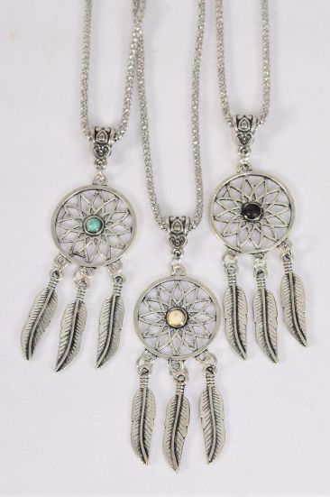 Necklace Silver Chain Metal Dream Catcher  Antique Semiprecious Stone / 12 pcs = Dozen  match 02992 Pendant Size - 2.25" x 1" Wide , Chain-18" Extension Chain , 4 Ivory , 4 Black , 4 Turquoise Asst , Hang Tag & OPP Bag & UPC Code