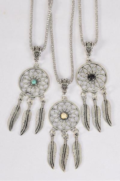 Necklace Silver Chain Metal Dream Catcher  Antique Semiprecious Stone / 12 pcs = Dozen  match 02992 Pendant Size - 2.25" x 1" Wide , Chain-18" Extension Chain , 4 Ivory , 4 Black , 4 Turquoise Asst , Hang Tag & OPP Bag & UPC Code