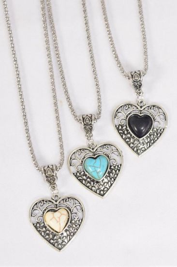 Necklace Silver Chain Metal Antique Heart Semiprecious Stone / 12 pcs = Dozen Match 03089 Pendant - 1.75" x 1.25" Wide , Chain-18" Extension Chain , 4 Ivory , 4 Black , 4 Turquoise Asst , Hang Tag & OPP Bag & UPC Code