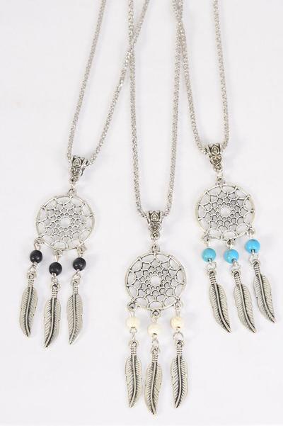 Necklace Silver Chain Metal Dream Catcher  Antique Semiprecious Stone / 12 pcs = Dozen match 02989 Pendant Size - 2.25" x 1" Wide , Chain-18" Extension Chain , 4 Ivory , 4 Black , 4 Turquoise Asst , Hang Tag & OPP Bag & UPC Code