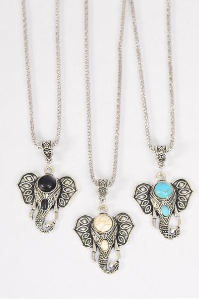 Necklace Silver Chain Metal Antique Metal Elephant Head Pendant Semiprecious Stone / Dozen match 25651 03097 Pendant - 1.75 x 1.5" Wide , Chain - 18" Extension Chain , 4 Ivory , 4 Black , 4 Turquoise Asst , Hang Tag & OPP Bag & UPC Code