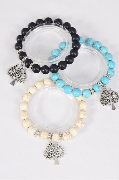 Bracelet 10 mm Semiprecious Stone Rhinestone Bezel Silver Tree Of Life Charm / 12 pcs = Dozen Stretch , 4 Black , 4 Ivory , 4 Turquoise Asst , Hang Tag & OPP Bag & UPC Code