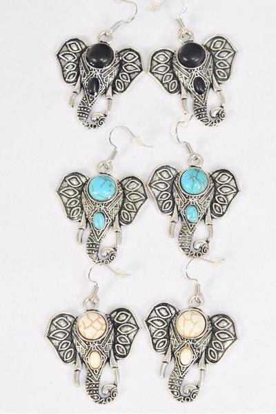 Earrings Metal Antique Elephant Semiprecious Stone / 12 pair = Dozen  match 70010 25651 Fish Hook , Size - 1.25" x 1.25" Wide , 4 Black , 4 Ivory  , 4 Turquoise Asst , Earring Card & OPP Bag & UPC Code 