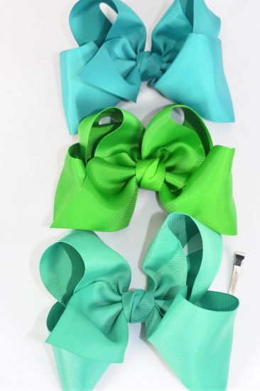 Hair Bow Extra Jumbo Cheer Type Bow Green Mix Grosgrain Bow-tie / 12 pcs Bow = Dozen  Alligator Clip , Size - 8" x 7" Wide ,  4 Jade Green , 4 Kelly Green , 4 Caribbean Green Mix , Clip Strip & UPC Code