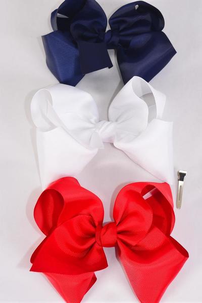 Hair Bow Jumbo Red White Navy Mix Grosgrain Bow-tie / 12 pcs Bow = Dozen Alligator Clip , Size - 6" x 5", 4 Red , 4 White , 4 Navy Color Asst , Clip Strip & UPC Code