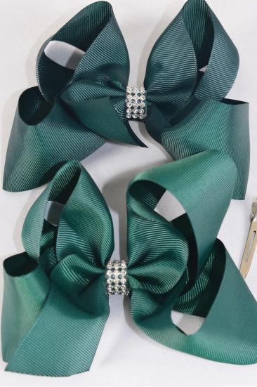 Hair Bow Jumbo Center Clear Stones Spruce Hunter Green Mix Grosgrain Bow-tie / 12 pcs Bow = Dozen Alligator Clip , Bow - 6" x 5" , 6 Hunter Green , 6 Spruce Color Asst , Clip Strip & UPC Code