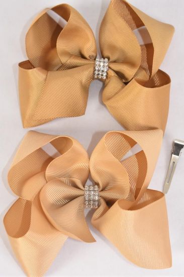 Hair Bow Jumbo Center Clear Stone Khaki Grosgrain Bow-tie / 12 pcs Bow = Dozen Khaki , Alligator Clip , Bow - 6" x 5", Clip Strip & UPC Code