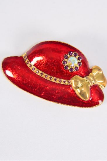 Brooch Large Red Hat Enamel Rhinestones / 12 pcs = Dozen  Size - 2.75" x 1.5" Wide , Display Card & OPP Bag