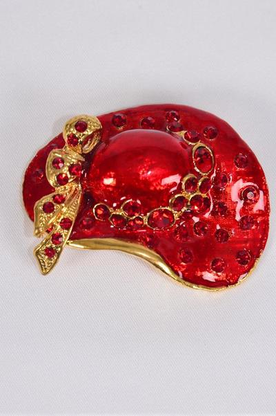 Brooch Large Red Hat Enamel Rhinestones / 12 pcs = Dozen Size - 2.25" x 1.25 Wide , Display Card & OPP Bag