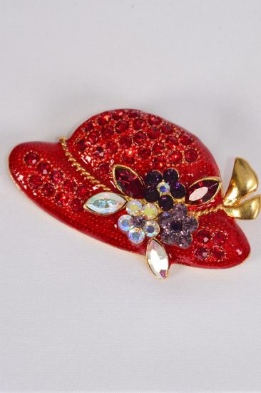 Brooch Large Red Hat Enamel Rhinestones / 12 pcs = Dozen  Size - 2.5" x 1.25" Wide , Display Card & OPP Bag