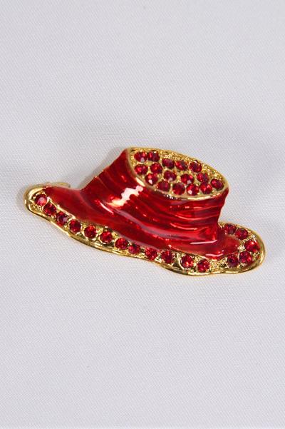 Brooch Red Hat Enamel Rhinestones / 12 pcs = Dozen Size - 1.5" x 0.75" Wide , Display Card & OPP Bag