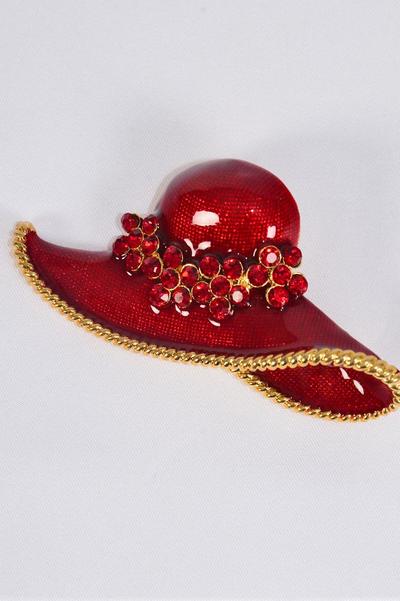 Brooch Red Hat Enamel Rhinestones / 12 pcs = Dozen Size - 1.75" x 1" Wide , Display Card & OPP Bag