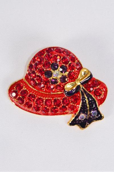 Brooch Red Hat Rhinestone / 12 pcs = Dozen Size - 1.75" x 1.25" Wide , Display Card & OPP Bag