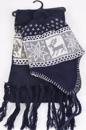 Winter Knit Scarf & Hat Set Fleece Inside Snowflake & Deer / Sets Navy , Scarf Size- 64"x 8" Wide , OPP Bag & UPC Code