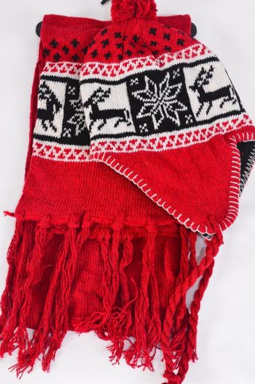 Winter Knit Scarf & Hat Set Fleece Inside Snowflake & Deer / Sets Red , Scarf Size- 64"x 8" Wide , OPP bag & UPC Code