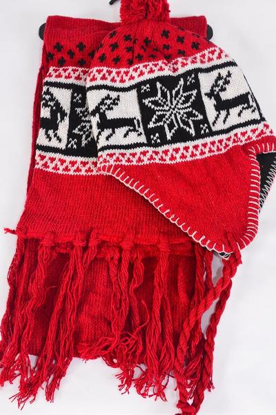 Winter Knit Scarf & Hat Set Fleece Inside Snowflake & Deer / Sets Scarf Size- 64"x 8" Wide , OPP bag & UPC Code , Choose Colours