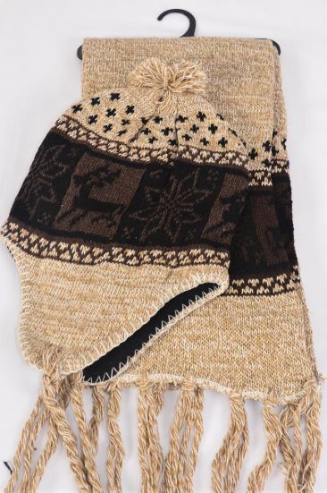 Winter Knit Scarf & Hat Set Fleece Inside Snowflake & Deer / Sets Beige , Scarf Size- 64"x 8" Wide , OPP Bag & UPC Code