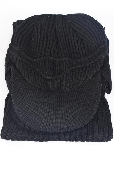 Scarf Winter Knit Scarf w Visor Hat Sets Black / 12 sets = Dozen  Black , Good Quality , Scarf Size - 60" Long , OPP Bag & UPC Code