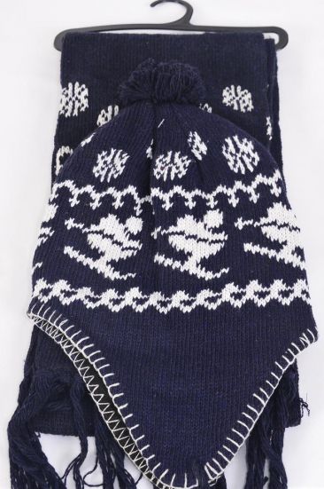 Winter Knit Scarf & Hat Set Fleece Inside Snowflake & Ski Navy / Sets Navy , Scarf Size-64"x 8" Wide , OPP Bag & UPC Code