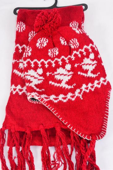 Winter Knit Scarf & Hat Set Fleece Inside Snowflake & Ski Red / Sets Red , Scarf Size-64"x 8" Wide , OPP Bag & UPC Code