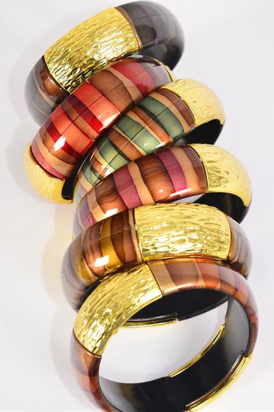 Bracelet Bangle Acrylic Fall Brush Stripe Gold Trim / 12 pcs = Dozen Size - 2.75" x 1" Wide , 2 of each Pattern Asst , Hang Tag & OPP Bag & UPC Code 