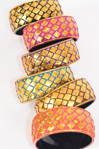 Bracelet Bangle Acrylic Holographic Multi Gold Diamond Pattern / 12 pcs = DozenDZ Gold Multi , Size - 2.75" x 1.25" Wide, 2 of each Pattern Asst, Hang Tag & OPP Bag & UPC Code