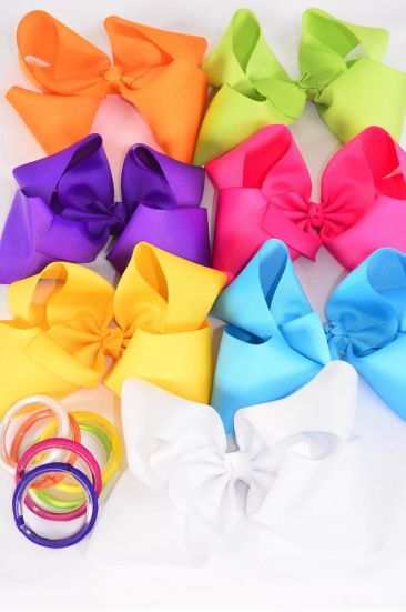 Hair Bow Extra Jumbo Cheer Type Bow Citrus Elastic Pony Grosgrain Bow-tie / 12 pcs Bow = Dozen Elstic Pony , Size - 8" x 7", 2 Fuchsia , 2 Turquoise , 2 Yellow , 2 Purple , 2 White , 1 Lime , 1 Orange Color Mix , Clip Strip & UPC Code