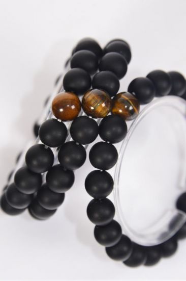 Bracelet 10 mm Black Glass Bead Tiger Eye Gemstone Mix Stretch / 12 pcs = Dozen Tiger Eye Gemstone , Stretch , Hang Tag & OPP Bag and UPC Code