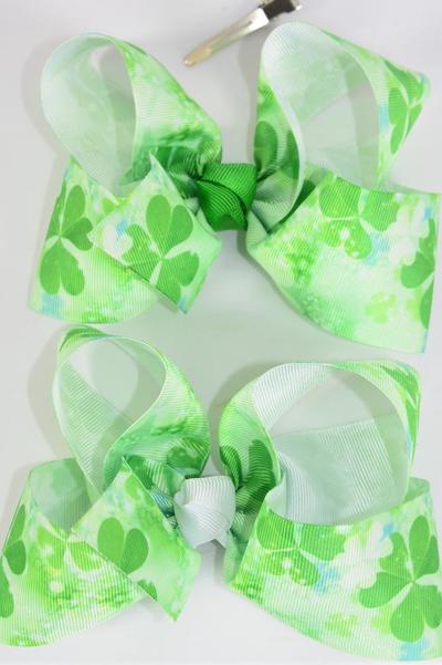 Hair Bow Jumbo Shamrock Grosgrain Bow-tie / 12 pcs Bow = Dozen Alligator Clip , Size - 6" x 5" Wide , 6 of each Pattern Asst , Clip Strip & UPC Code