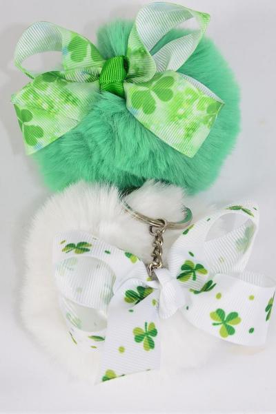 Key Chain Pom Pom Fur Ball Shamrock Grosgrain Bow-tie /  12 pcs = Dozen Fur Ball Size - 3" , Bow - 3" x 2.5" , 6 White , 6 Green Color Asst , OPP Bag and UPC Code