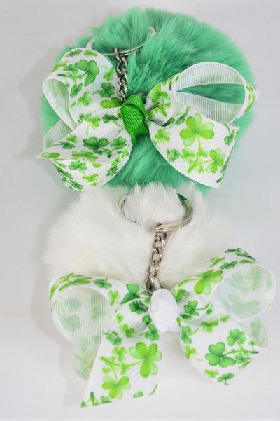 Key Chain Pom Pom Fur Ball Shamrock Grosgrain Bow-tie / 12 pcs = Dozen Fur Ball Size - 3" Wide , Bow - 3" x 2.5" , 6 White , 6 Green Color Asst , OPP Bag and UPC Code