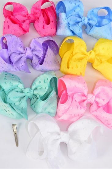 Hair Bow Jumbo Double Layered Carve Heart Grosgrain Bow-tie Pastel / 12 pcs Bow = Dozen Alligator Clip , Size - 6" x 5" Wide , 2 White , 2 Pink , 1 Blue , 1 Yellow , 2 Lavender , 2 Hot Pink , 2 Mint Mix Color Asst , Clip Strip & UPC Code