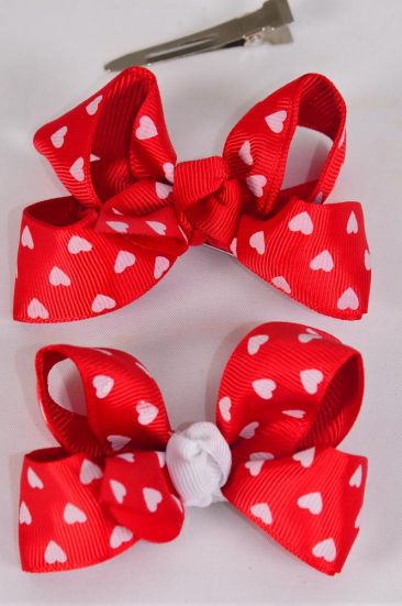 Hair Bow Double Layered Heart Print Grosgrain Bow-tie / 12 pcs Bow = Dozen Alligator Clip , Bow-3"x 2" Wide , 6 Of each pattern Asst , Clip Strip & UPC Code