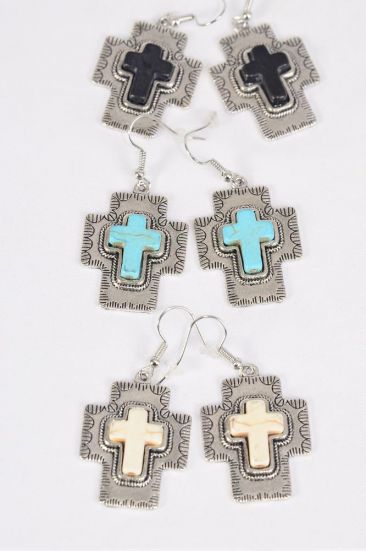 Earrings Metal Antique Cross Western Like Semiprecious Stone / 12 pair = Dozen  Fish Hook , Size - 1.25" x 1" Wide , 4 Black , 4 Ivory , 4 Turquoise Asst , Earring Card & OPP Bag & UPC Code