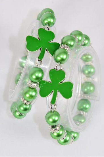 Bracelet Shamrock Epoxy 10 mm Pearl Stretch / 12 pcs = Dozen match 03176 70125 Shamrock , Stretch , Hang Tag  OPP Bag  UPC Code