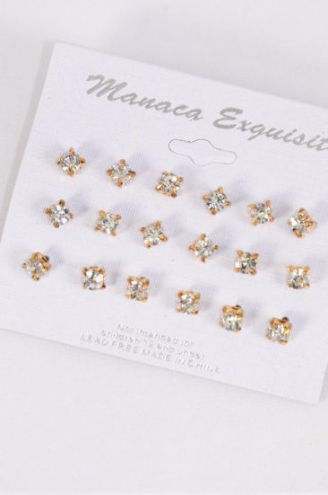 Earrings Gold 9 pair Clear Rhinestone Studs / 12 card = Dozen Post , 6 Gold , 6 Silver Asst , Earring Card & OPP Bag & UPC Code , 12 pair per Card,12 Card=Dozen