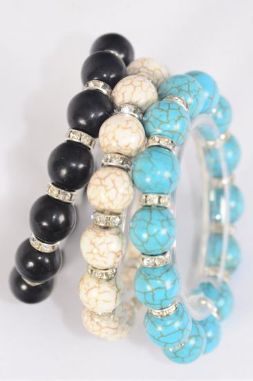 Bracelet 12 mm Semiprecious Stone Rhinestone Bezel Stretch / 12 pcs = Dozen Stretch , 4 Black , 4 Ivory ,4 Turquoise Color Asst , Hang Tag & Opp Bag & UPC Code