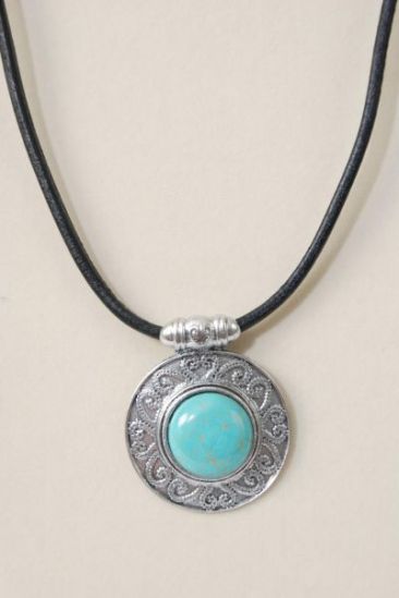 Necklace Black Real Leather Cord Real Semiprecious Stone Pendant Blue / PC Blue Turquoise , 20" Long Extension Chain , Pendant Size - 2" Wide , Hangtag & Opp Bag & UPC Code