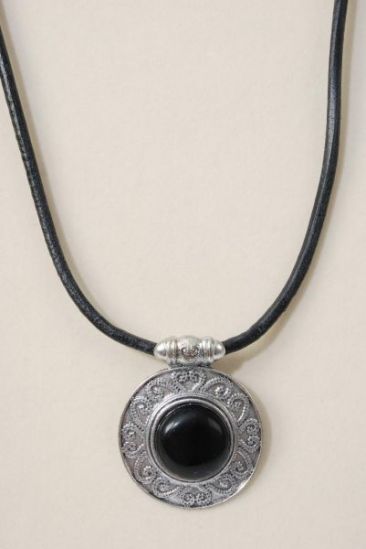 Necklace Black Real Leather Cord Real Semiprecious Stone Pendant Black / PC Black , 20" Long Extension Chain , Pendant Size - 2" Wide , Hangtag & Opp Bag & UPC Code