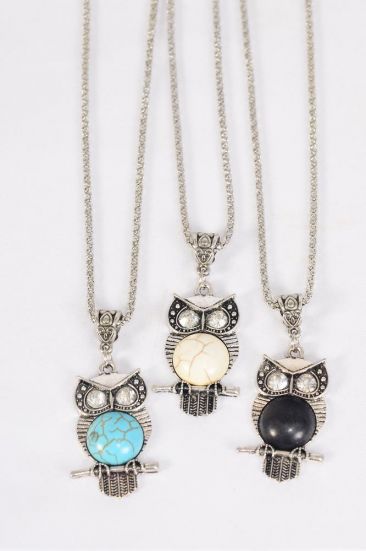 Necklace Silver Chain Owl Semiprecious Stone / 12 pcs = Dozen match 01087 Pendant - 1.5" x 1" Wide , Chain -18" Extension Chain , 4 Ivory , 4 Black , 4 Turquoise Asst , Hang Tag & OPP Bag & UPC Code