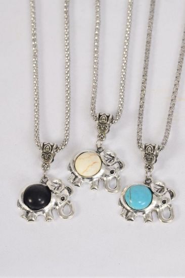 Necklace Silver Chain Elephant Semiprecious Stone / 12 pcs = Dozen  match 02668 Pendant -1" x 1" Wide , Chain -18" Extension Chain , 4 Ivory , 4 Black , 4 Turquoise Asst , Hang Tag & OPP Bag & UPC Code