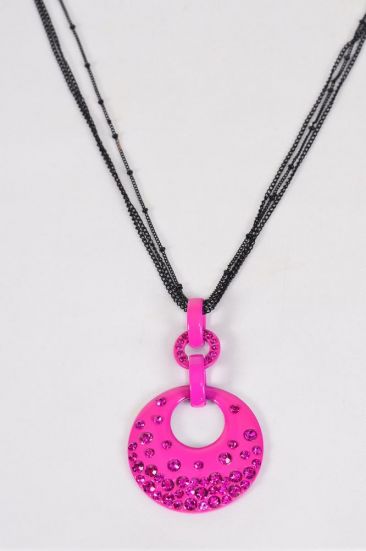 Necklace Thin Black Chain Fuchsia Pendant Rhinestones Fuchsia/PC Fuchsia , Pendant- 3 x 1.75 inch Wide , Chain - 24 inch Long Extension Chain , Hang tag w OPP Bag