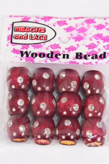 Wooden Beads 144 pcs Large 16 mm Wide Clear Stones Wine / 12 Bag = Dozen Wine , Size - 16 mm Wide , OPP Bag , 12 pcs per Bag , 12 Bag = Dozen