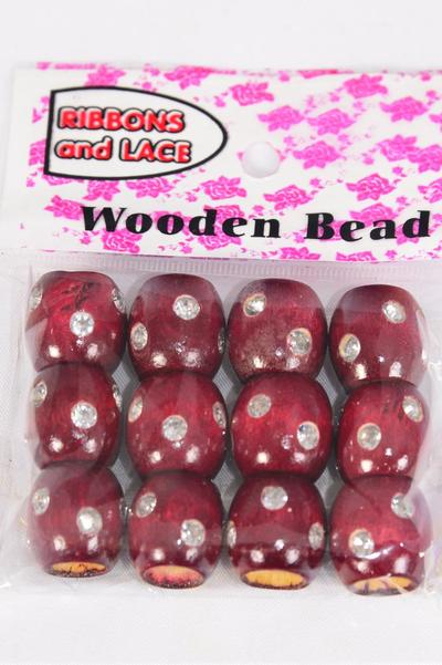 Wooden Beads 144 pcs Large 16 mm Wide Clear Stones / 12 Bag= Dozen Size - 16 mm Wide , Choose Colors , OPP Bag , 12 pcs per Bag ,12 Bag = Dozen