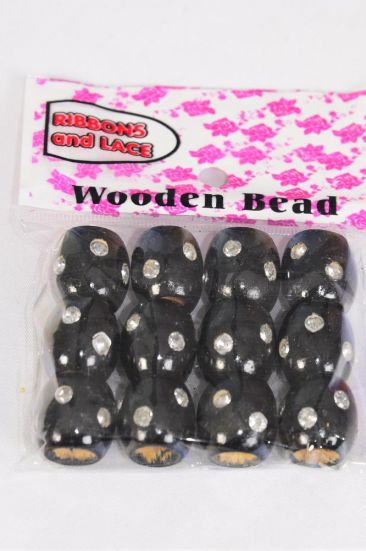 Wooden Beads 144 pcs Large 16 mm Wide Clear Stones Black / 12 Bag = Dozen Black , Size - 16 mm Wide , OPP Bag & UPC Code , 12 pcs per Bag , 12 Bag = Dozen