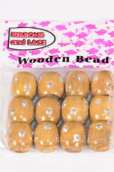 Wooden Beads 144 pcs Large 16 mm Wide Clear Stones Natural / 12 Bag = Dozen Natural , Size - 16 mm Wide , OPP Bag , 12 pcs per Bag , 12 Bag = Dozen