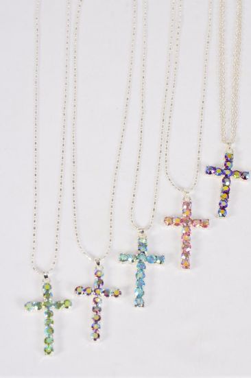 Necklace Cross Iridescent Rhinestones / 12 pcs = Dozen Cross -1.75" x 1" Wide , Chain 24" Long , Hang Tag & OPP Bag & UPC Code , Choose Colors