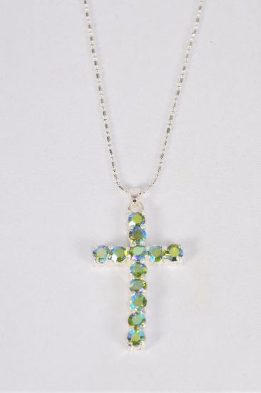 Necklace Cross Iridescent Rhinestones Lime Green / 12 pcs = Dozen Lime Green , Cross Size - 2" x 1" Wide , Chain 24" Long , Hang Tag & OPP bag & UPC Code