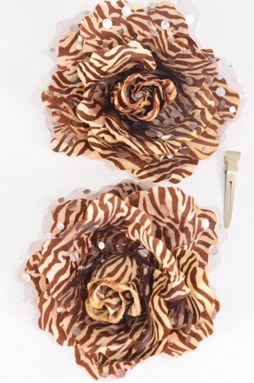 Flower Silk Flower Zebra Print Brown / 12 pcs Flower = Dozen Flower Size - 4" Wide , Alligator Clip  Brooch , Display Card & UPC Code, W Clear Box