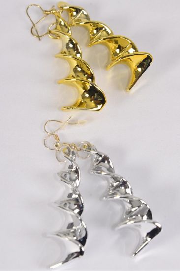 Earrings Spiral Gold Silver Mix / 12 pair = Dozen Fish Hook , Size - 3" Long , 6 Gold , 6 Silver Mix , Earring Card & OPP bag & UPC Code